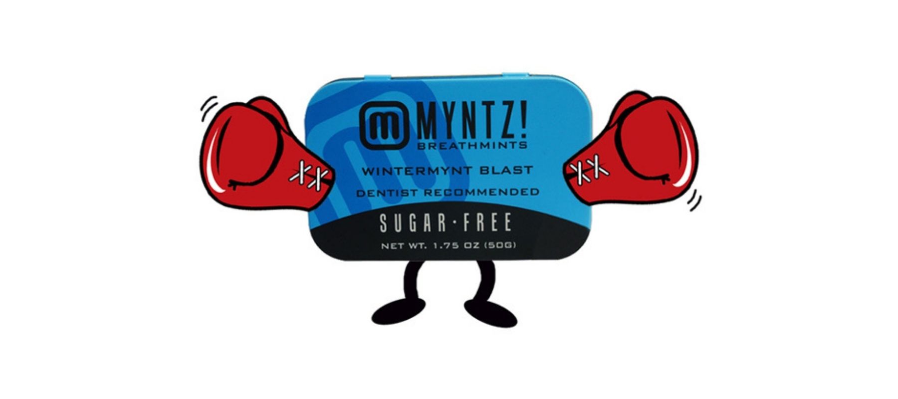 WinterMynt Blast Cartoon Drawing of a tin of mints wearing red boxing gloves