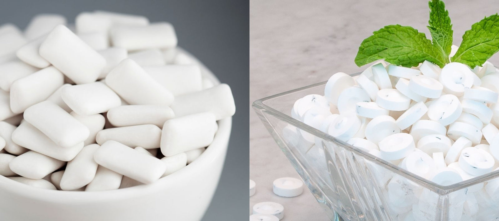 A bowl of chewing gum beside a bowl of Myntz! Breathmints